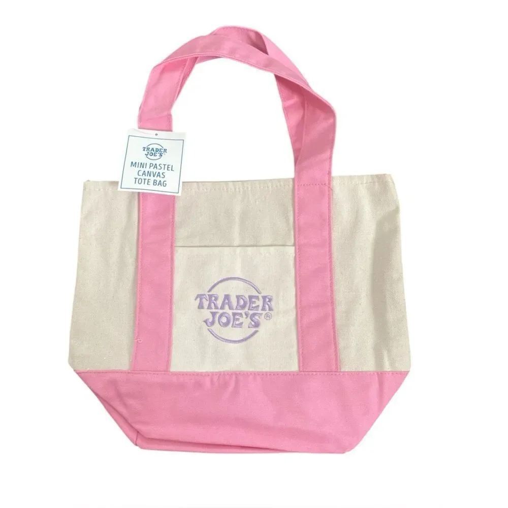 Trader Joe’s Mini Canvas Tote – Pastel Pink & Cream, NWT